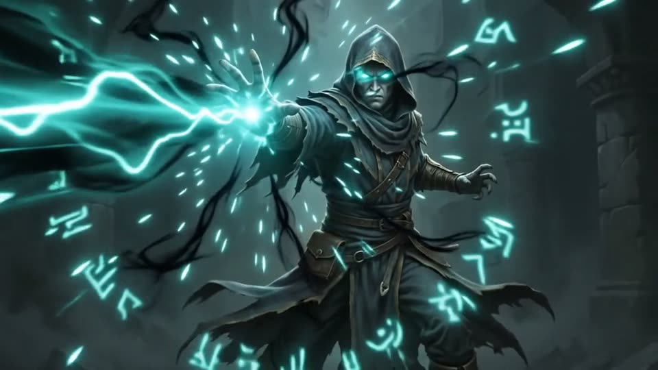 A hooded runic mage unleashes a teal energy attack in an avatar cinematic shown around online duels.