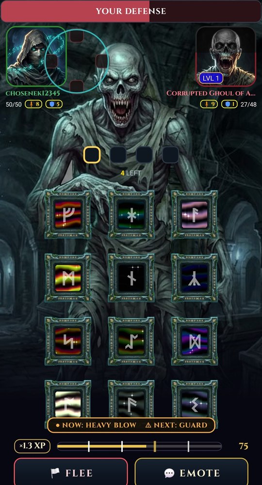 A defence round against a Corrupted Ghoul, whose huge decaying figure fills the screen behind a grid of carved rune tiles, with both fighters' health above and a warning that a heavy blow lands next.