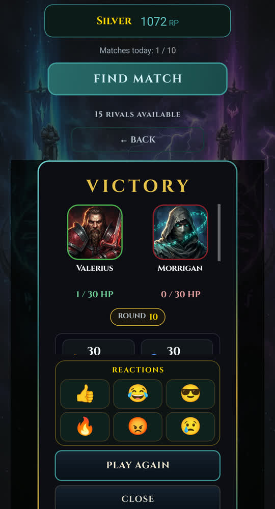 The result screen of an online duel, showing which side won, both players' round-by-round scores, and the rating the match awarded.