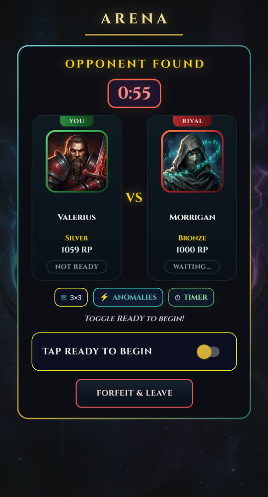 The pre-fight faceoff of an online duel: both players' aliases, avatars and league standings set against each other above the board, before the first sequence plays.